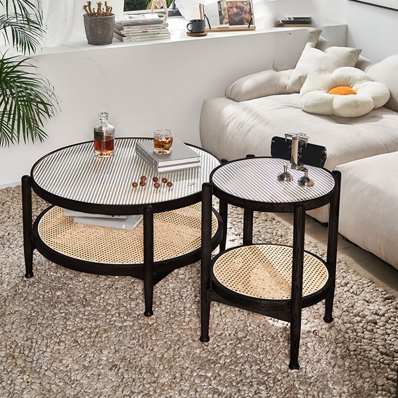 Tropical Round Cocktail Table Glass Top Coffee Cocktail Table with Storage