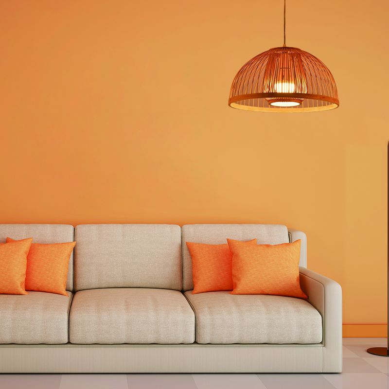 Asian Style Domed Hanging Light Bamboo Single Bulb Pendant Lamp over Dining Table, 16"/18" Diameter