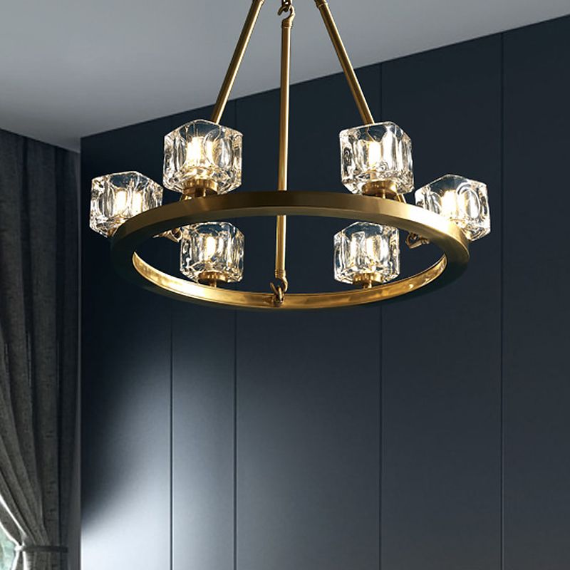 Ice Cube Crystal Hanging Chandelier Mid-Century 6 Bulbs Bedroom Pendant Light in Brass