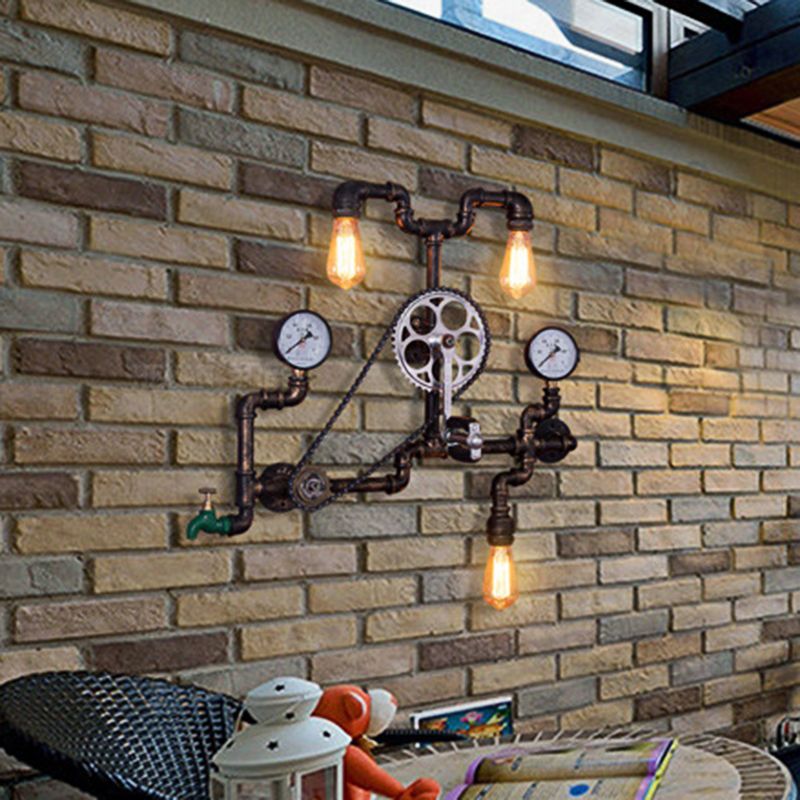 Metal Rust Finish Sconce Light Fixture Bicycle-Shape 3 Bulbs Industrial Wall Mount Pipe Lamp for Restaurant