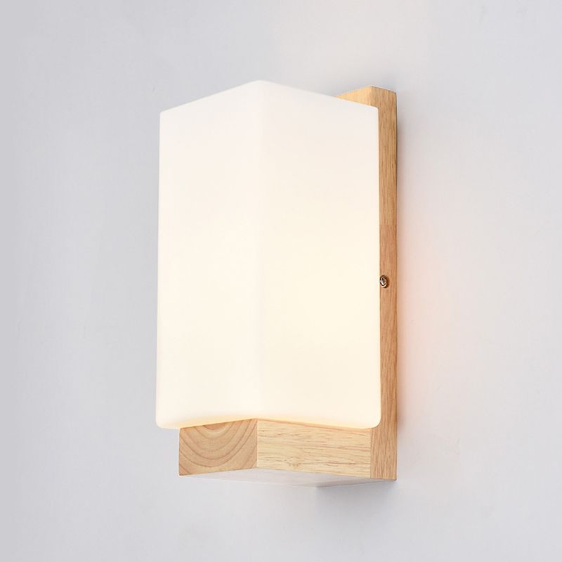 Nordic Wood Wall Light Cuboid 9" Wide Wall Sconce with White Glass for Bedroom
