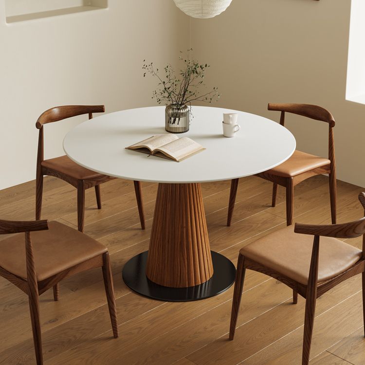 Modern Round Dining Room Table with Solid Wood Cone Base for Living Room