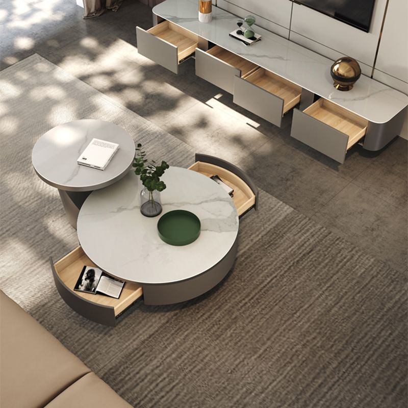 Round Pedestal Coffee Table Glam Stone Cocktail Table with 2 Drawers