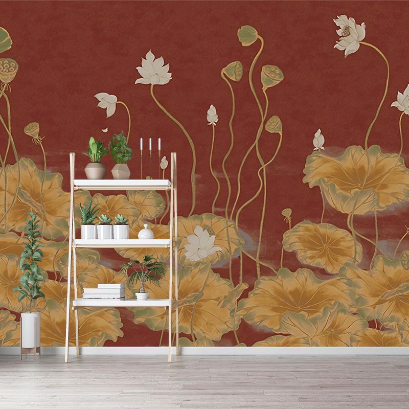 Lotus Pond Painting Wall Mural Dark Color Chinoiserie Wall Covering for Study Room