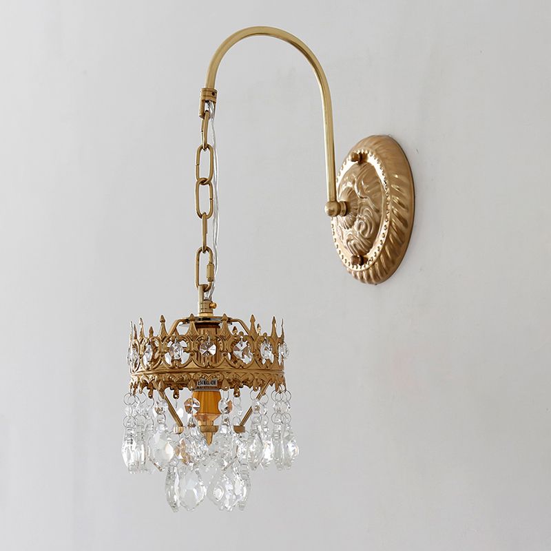 Traditionalism Crown Wall Light Sconce Metallic 1 Light Living Room Wall Lamp in Brass/Black with Crystal Droplet