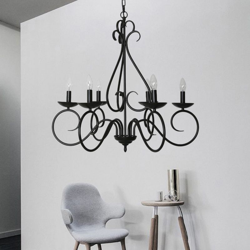 6 Lights Swirled Arm Chandelier Light Kit Traditional Black Metal Suspension Light for Dining Room