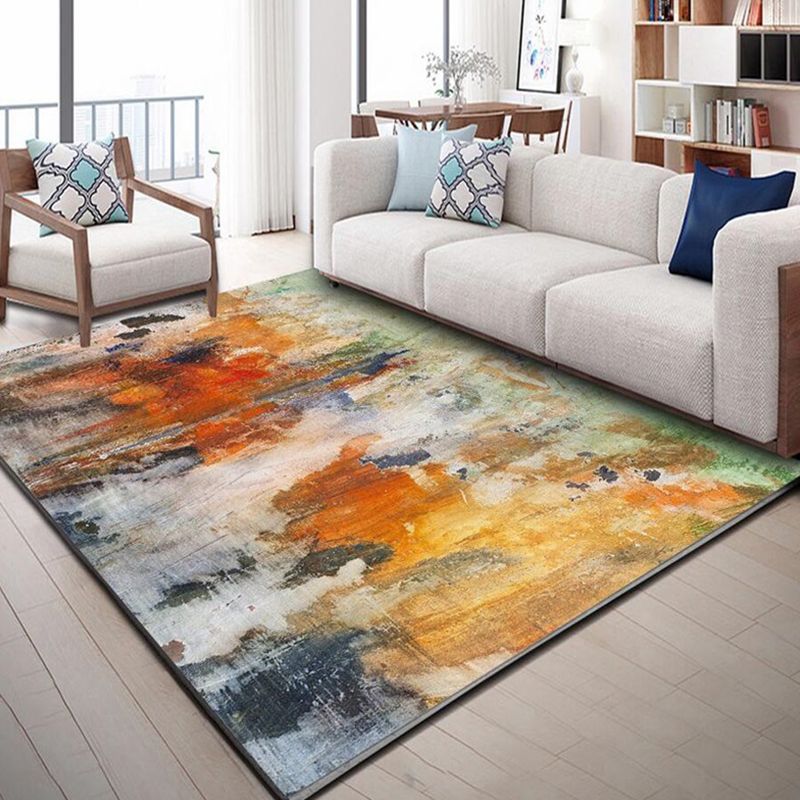 Modern Living Room Rug in Orange Abstract Watercolor Painting Print Rug Polyester Anti-Slip Washable Area Rug