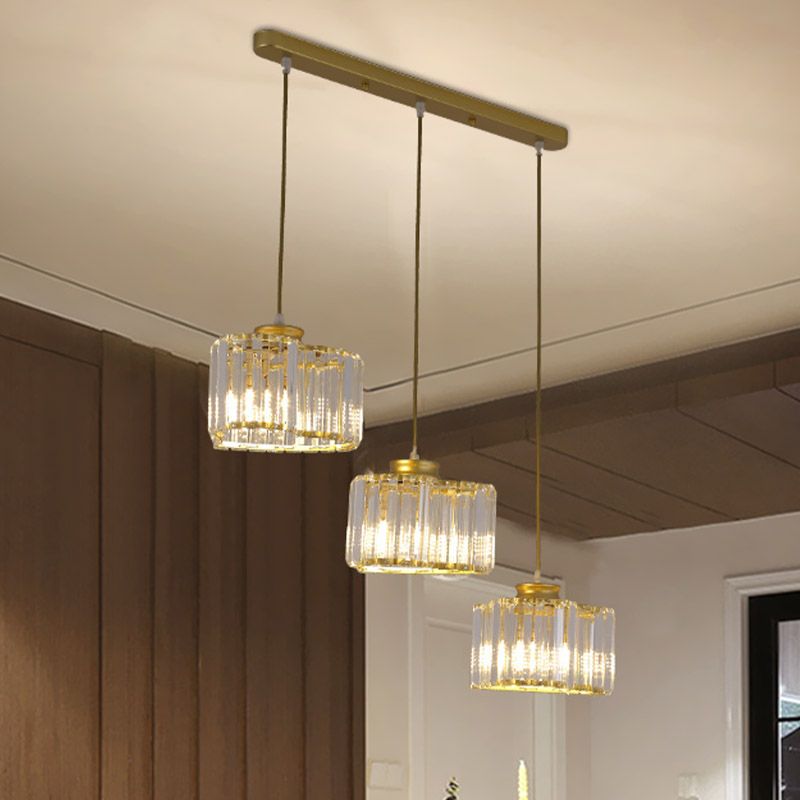 Modernism Heart Cluster Pendant 3 Heads Clear Crystal Block Suspension Éclairage en or pour le restaurant