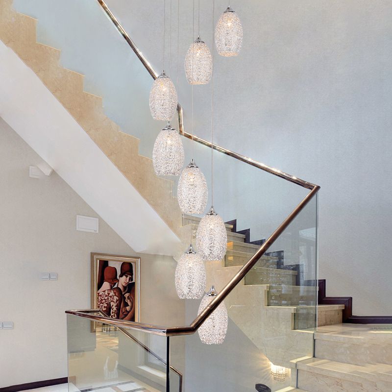 8 bulbos lámpara colgante metálica Costilla de luz de huevo plateado contemporáneo Multi luz colgante