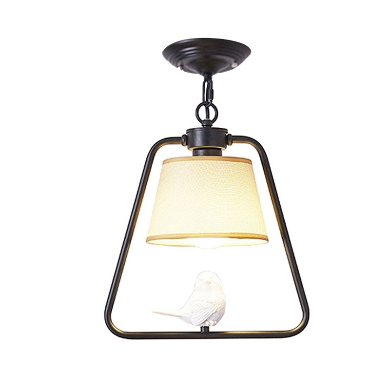 Black/White Cone Pendant Ceiling Light Traditional Fabric 1 Light Living Room Hanging Lamp with Bird