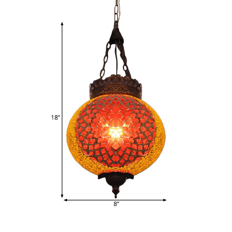 Turkish Globe Hanging Pendant 1 Head Handcrafted Art Glass Suspended Lighting Fixture in Blue/Orange Red