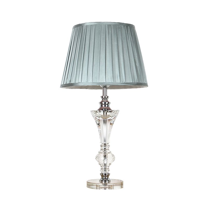 Single Head Table Light Countryside Conical Fabric Night Lamp in Pink/Blue/Beige with Clear Crystal Base