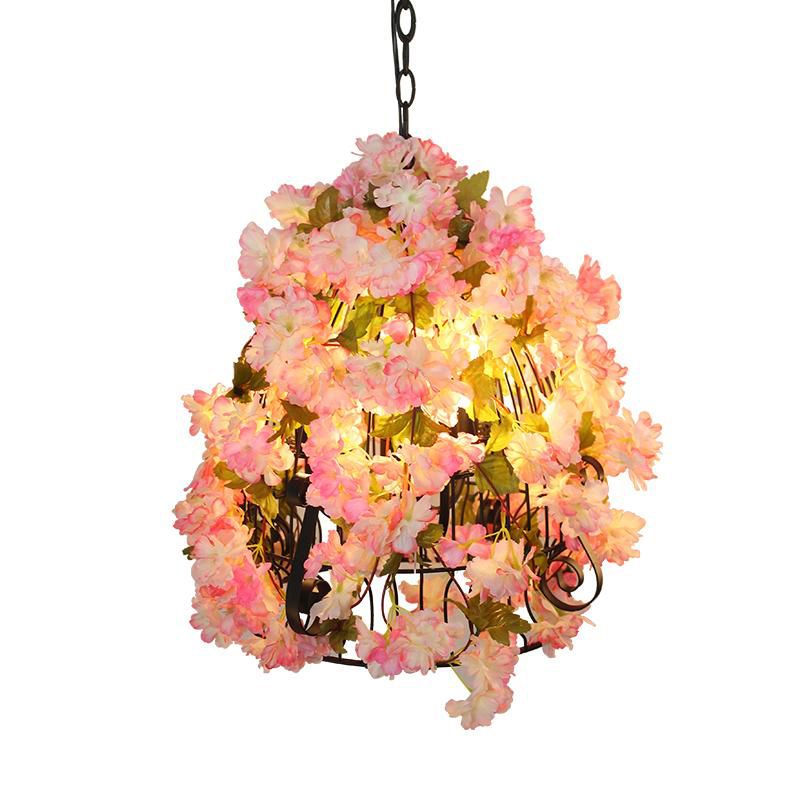 Pink Cherry Blossom Ceiling Chandelier Farmhouse Iron 3 Bulbs Restaurant Pendant Light with Bell Cage