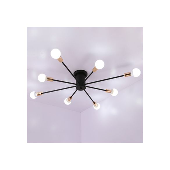 6/8/10 Lights Starburst Semi Flush Ceiling Light Modern Metal Black Ceiling Flush Mount for Bedroom with Bare Bulb Design