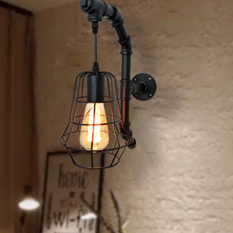 1 Light Cage Wall Lighting Fixture Industrial Black Metal Sconce Light for Bedroom