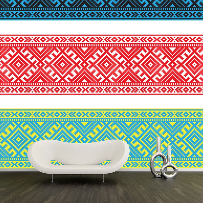 Boho Chic Seamless Belt Mural Wallpaper for Living Room Customized Wall Decor in Red-Blue-Green