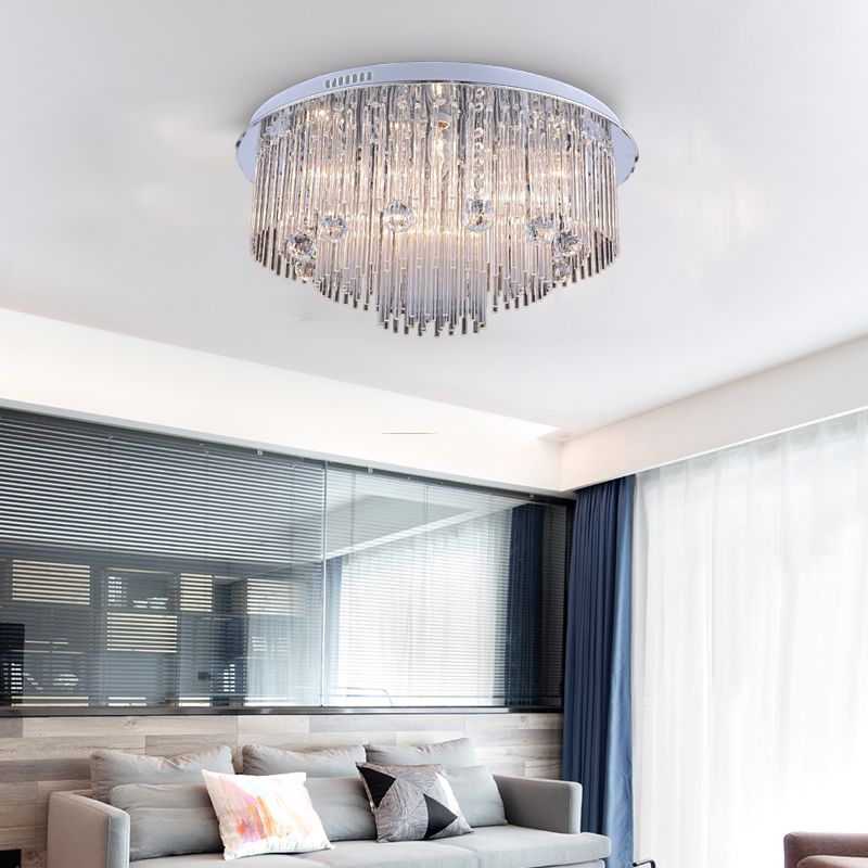 Tiered Flush Mount Modernism Crystal 5/9/14 Heads Stainless-Steel Ceiling Light Fixture, 19.5"/23.5"/31.5" Wide