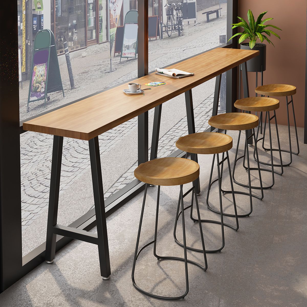 Indoor Rectangle Pub Set 1/6 Pcs Solid Wood Bar Table and Stools