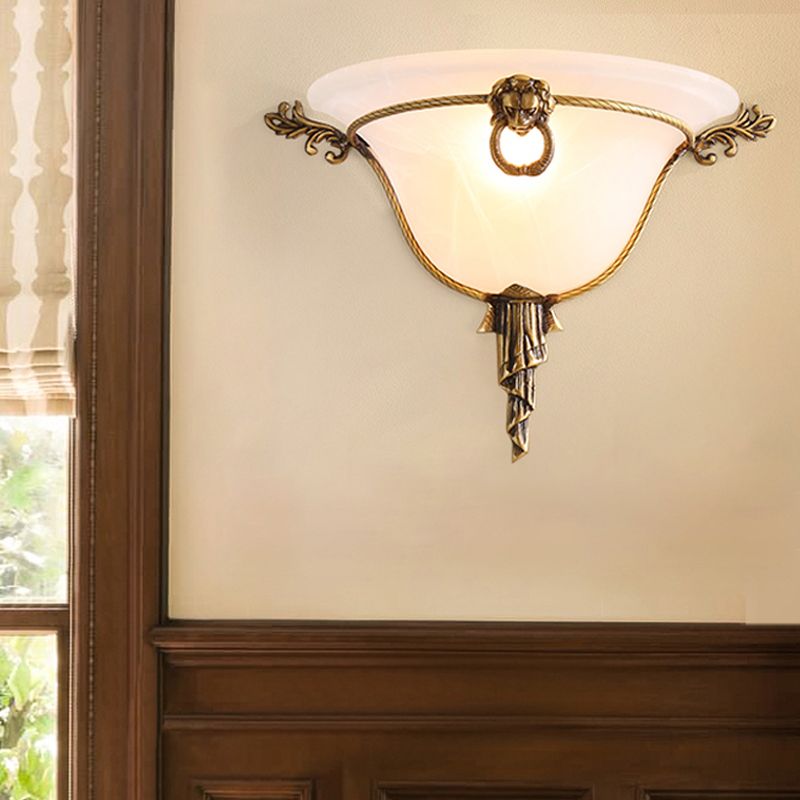 Traditional Trumpet Sconce Opal Glass 1 Bulb Wall Mounted Light Fixture in Brass for Stairway