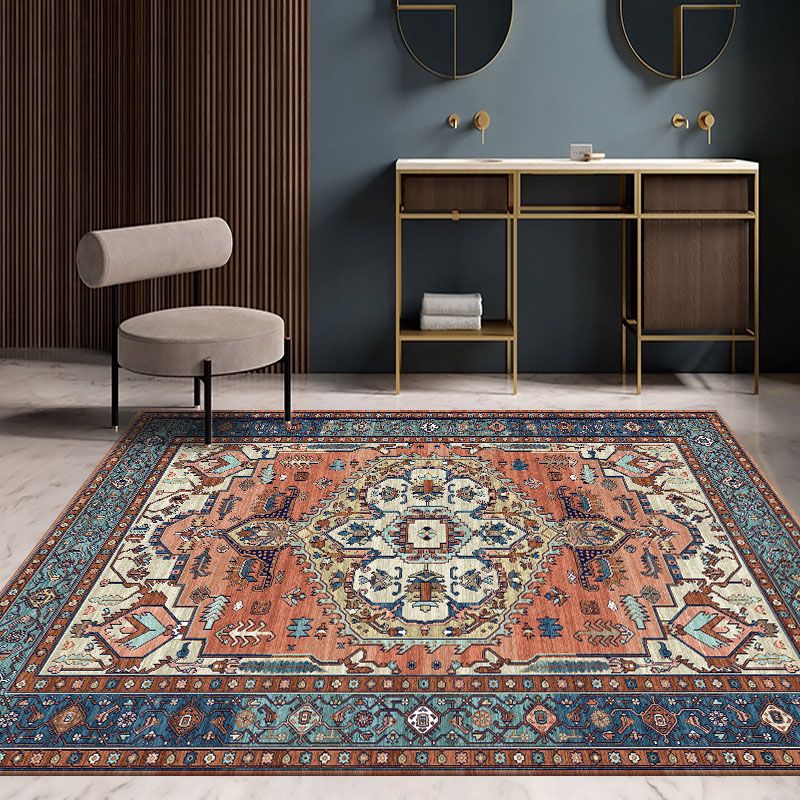 Traditional Border Pattern Rug Polyester Indoor Carpet Non-Slip Backing Area Rug for Living Room