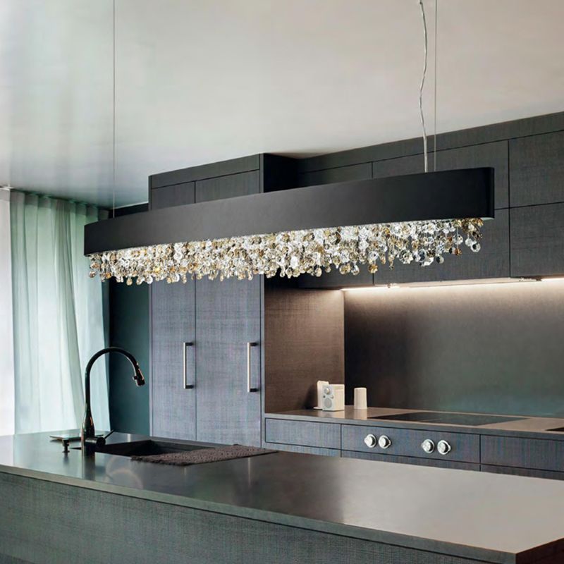 Metal and Crystal Kitchen Island Fixture Linear Ceiling Pendant Fixture
