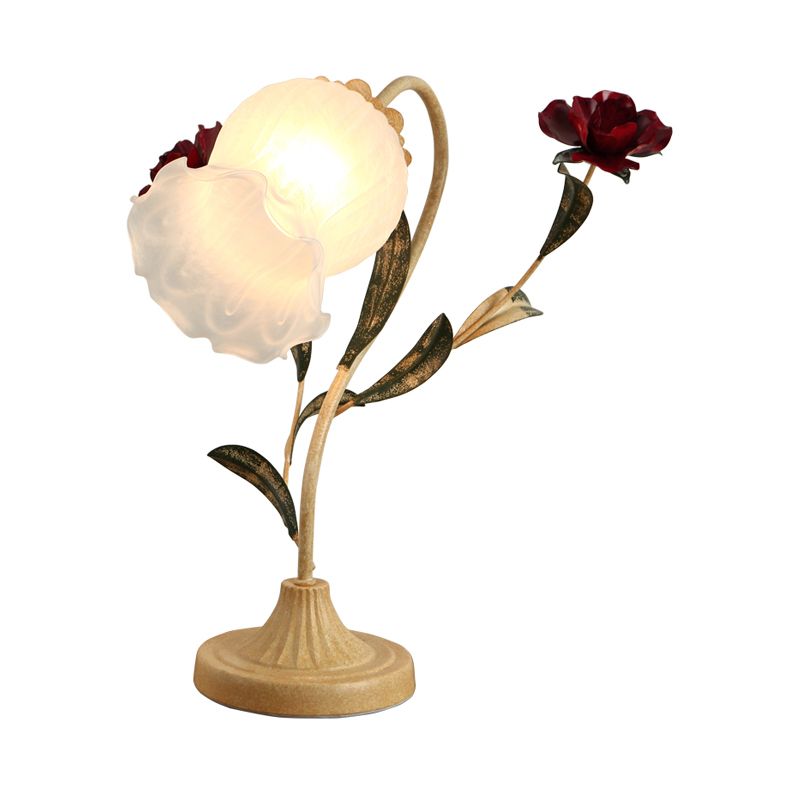 Table à 1 bulbe clair jardin coréen lampe de nuit de salle à manger avec une nuance en verre givrée à l'opale florale en rouge / rose