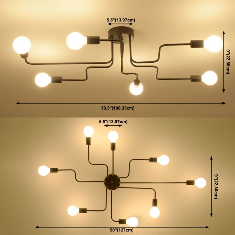 Industrielle Vintage-Deckenleuchte aus lackiertem, halbbündig montiertem, radialem Eisen in Schwarz