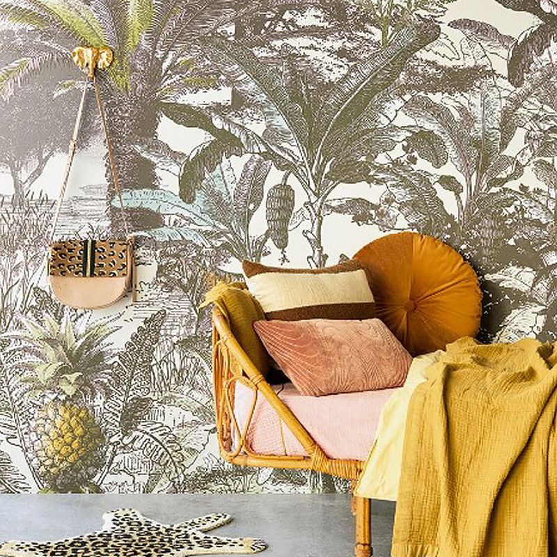 Whole Animal and Plants Mural for Coffee Shop Jungle Wall Art in Grey, Stain-Resistant