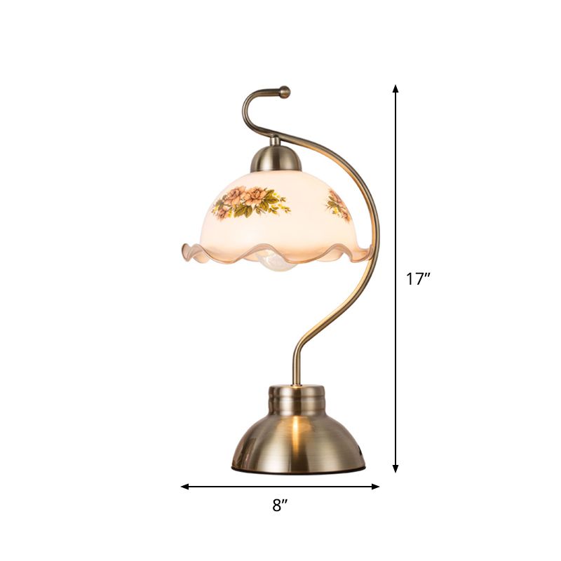 Single Bulb Night Stand Light Pastoral Ruffle Edged Hemisphere White Glass Table Lamp with Brass Bow Arm