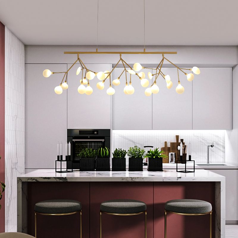 Minimalist 27-Bulb Island Light Brass Finish Branch Hanging Lamp with Glass Shade