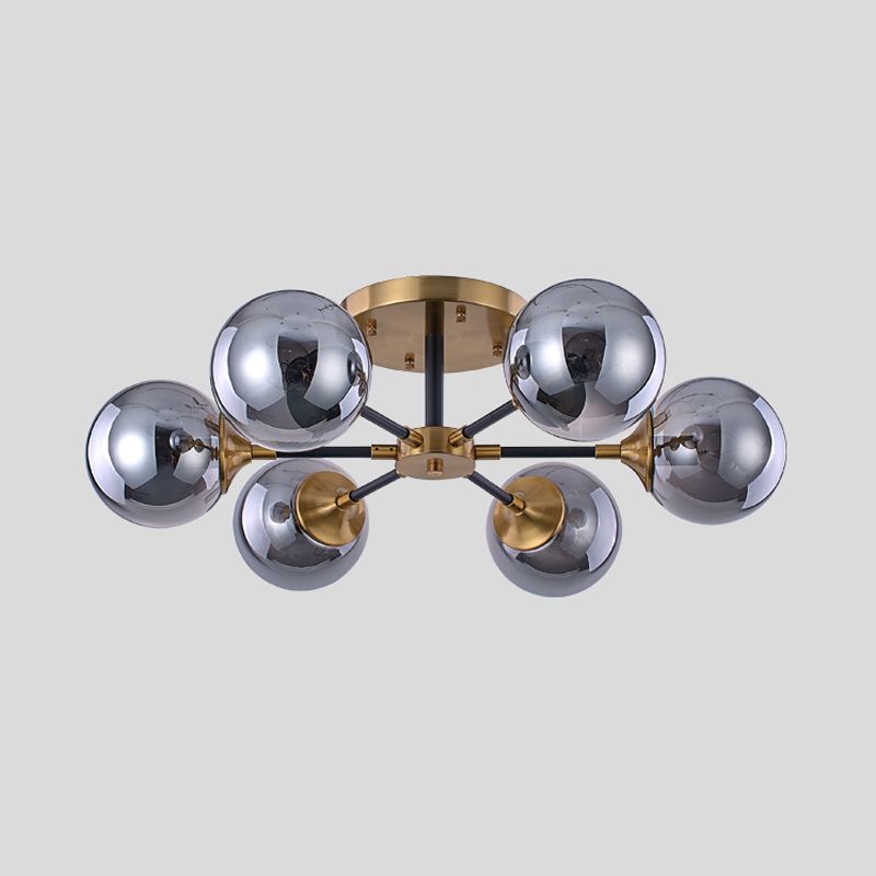 Postmodern Radial Smoke Glass Semi Flush 3/6 Heads Flush Mount Ceiling Chandelier in Brass and Black