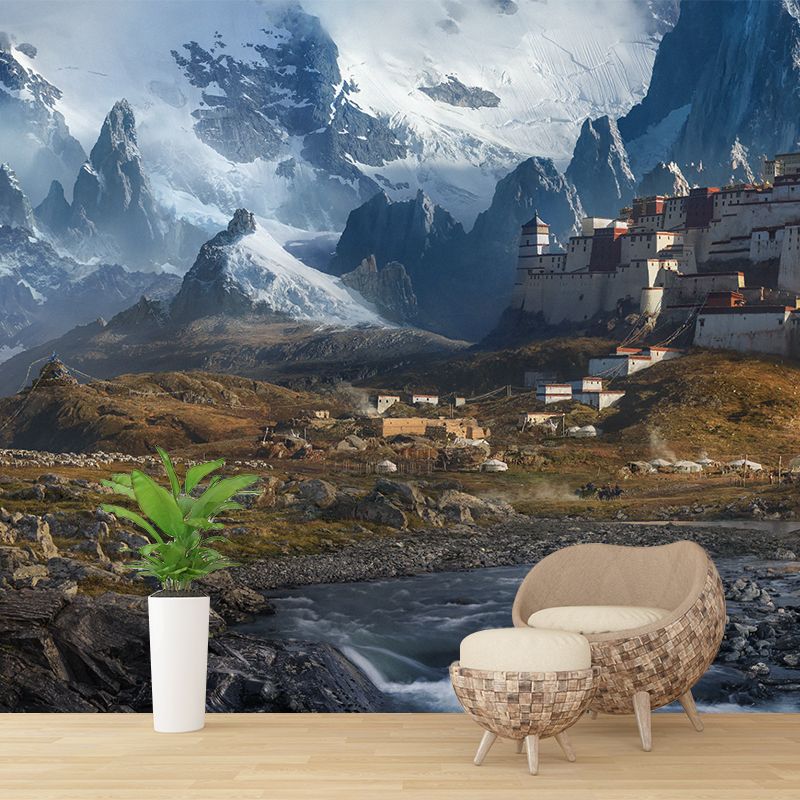 Whole Snow Landscape Wall Mural for Home Mountain with Nomadic Houses Wall Decor in Brown, Washable