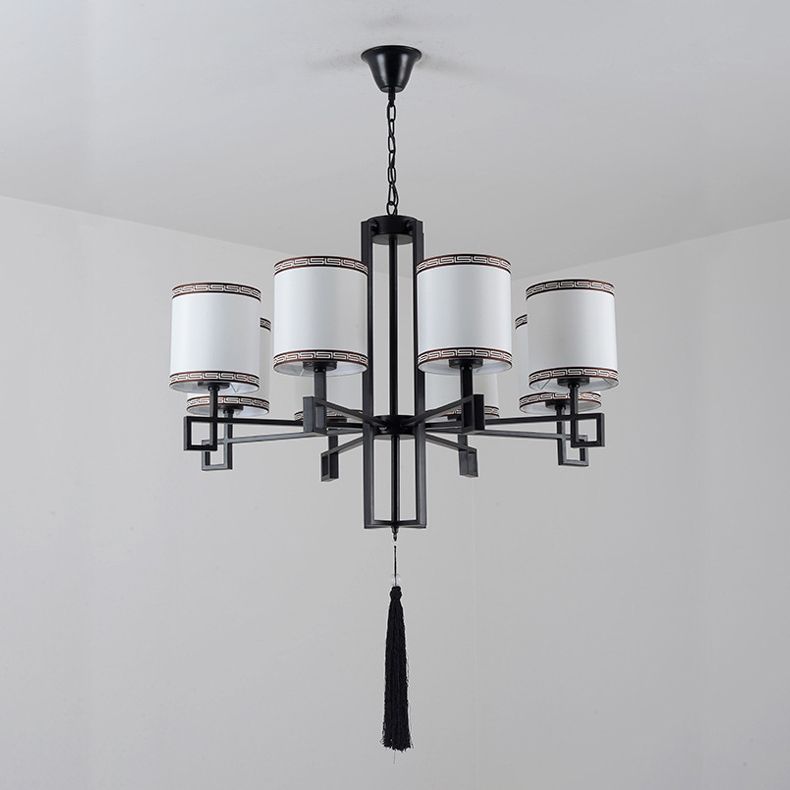 Cylindrical Fabric Suspension Lamp Retro Lobby Living Room Chandelier with Tassel