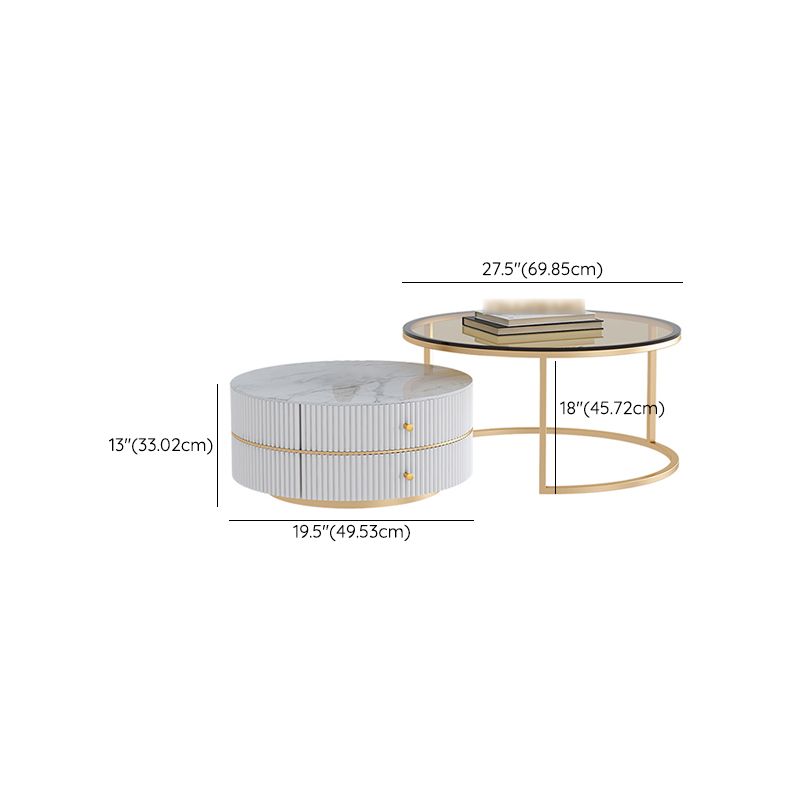 Glass Top Frame Coffee Table Round Nesting Coffee Table Set with Drawer