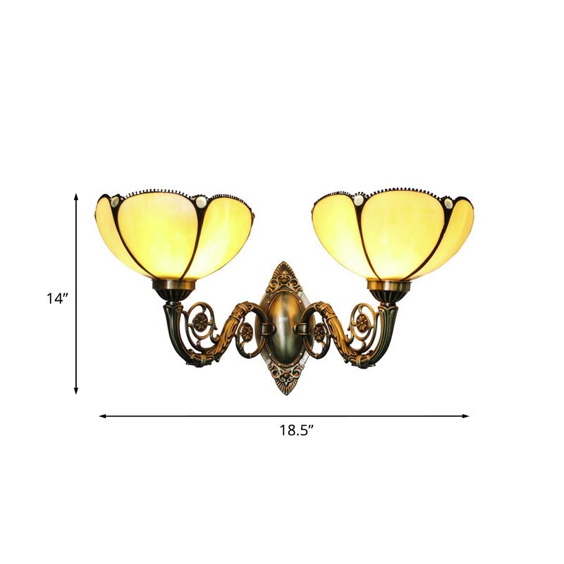 2 Heads Bedside Wall Light Fixture Baroque Bronze Surface Wall Sconce with Scalloped Beige Glass Shade