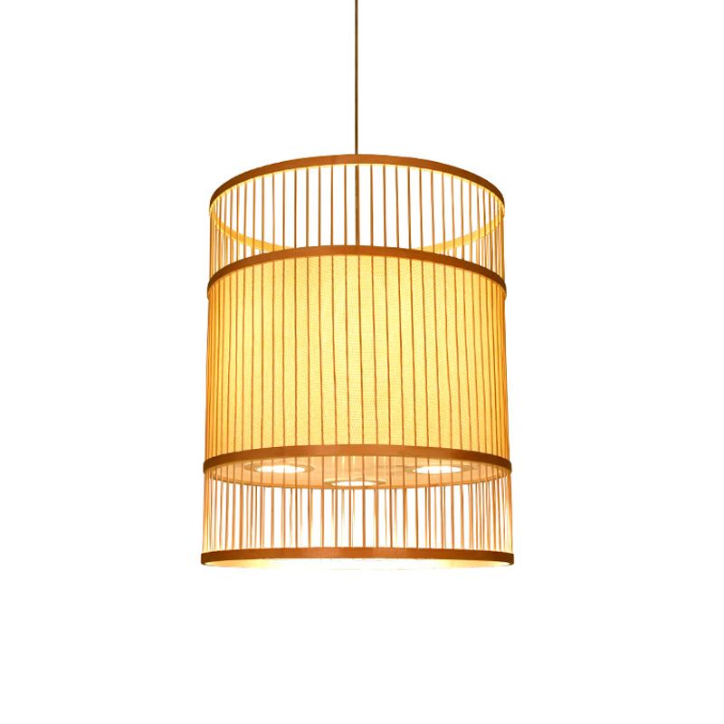 Beige Cylindrical Suspension Pendant Contemporary 1-Light Bamboo Ceiling Hang Lamp for Restaurant
