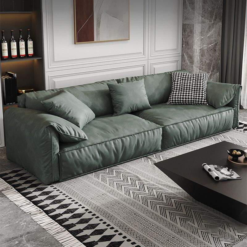 Contemporary Style Faux Leather Sofa Pillow Top Arm Sofa in Green