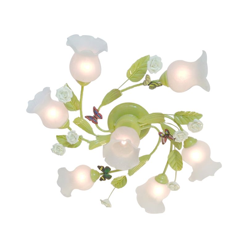 Green 7 luces Semi Flush Light Pastoral Glass Floral Techo Candelier para dormitorio