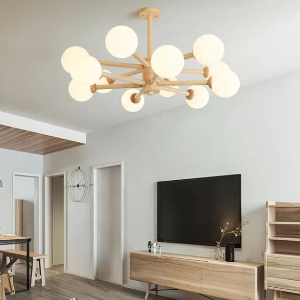 Minimalist Round-Shaped Chandelier Light Wood Bedroom Chandelier Lighting Fixture in White