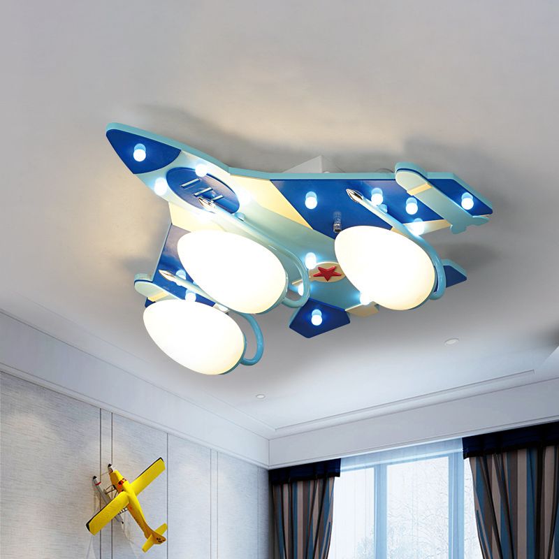 Bomber Piano Bambino Camera Soffitto Lampada Opaline Vetro 3 Teste Cartoon Flush Montaggio Illuminazione Fissaggio in Blu