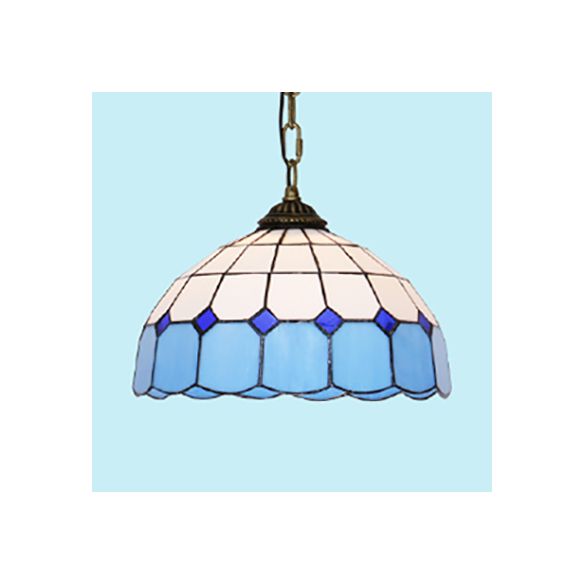 Mediterranean Dome Hanging Light Stained Art Glass 1 Bulb Pendant Light Fixture in White/Blue/Bronze