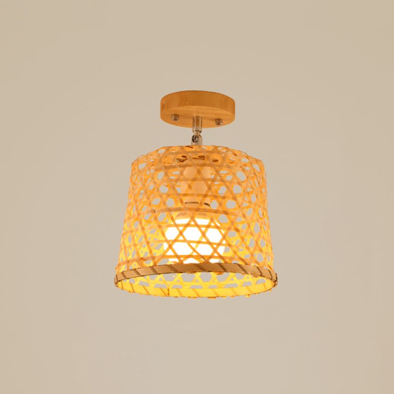Cage Style Aisle Semi Flush Light Bamboo Single-Bulb Asian Ceiling Mounted Light in Wood