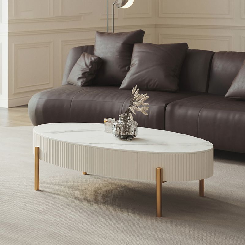 Glam Coffee Cocktail Table with Storage Drawer and 4 Iron Legs
