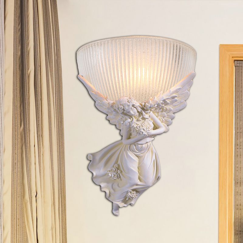 10"/12" W 1 Bulb Wall Sconce Lodge Style Bowl Frosted Glass Wall Mount Light with Gold/White Angel Design, Left/Right