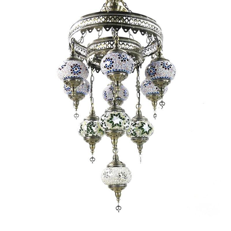 10 Heads Oval Hanging Light Fixture Traditional Red/Pink/Yellow Multicolored Stained Glass Chandelier Lamp