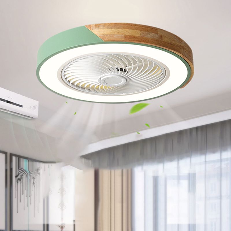 Lámpara de ventilador LED redondeo de macaron con cuchillas invisibles dormitorio de madera sólida semi flush luz