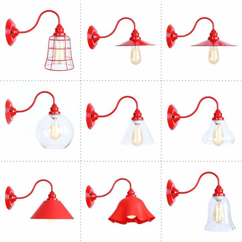 Rot Schwanenhals Wandmontierte Lampe Retro -Metall 1 Lampen -Nacht -Wandleuchte mit Rüschen/Kegelschatten/Käfig