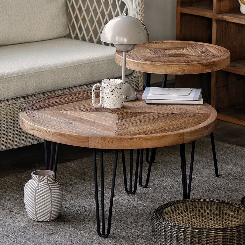 Nordic Style Cocktail Table Brown Elm Wood Top Metal Base Round/square Coffee Table