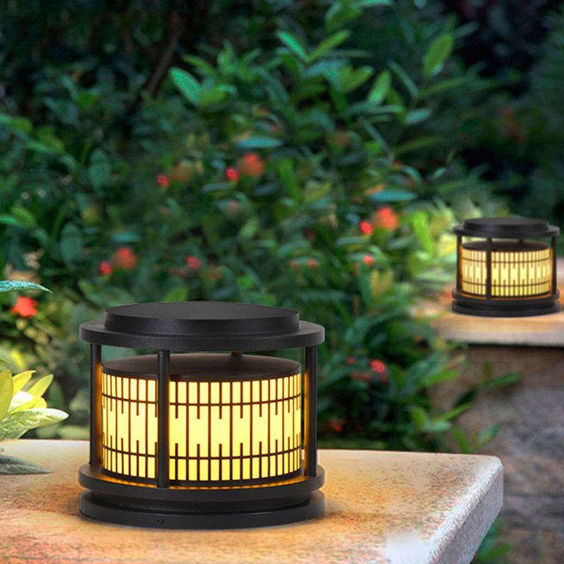 Modern Metal Solar Pillar Lamp Round Shape Outdoor Waterproof Light in Black