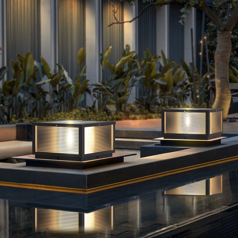 Modern Solar Energy Pillar Lamp Black Square Outdoor Light for Garden